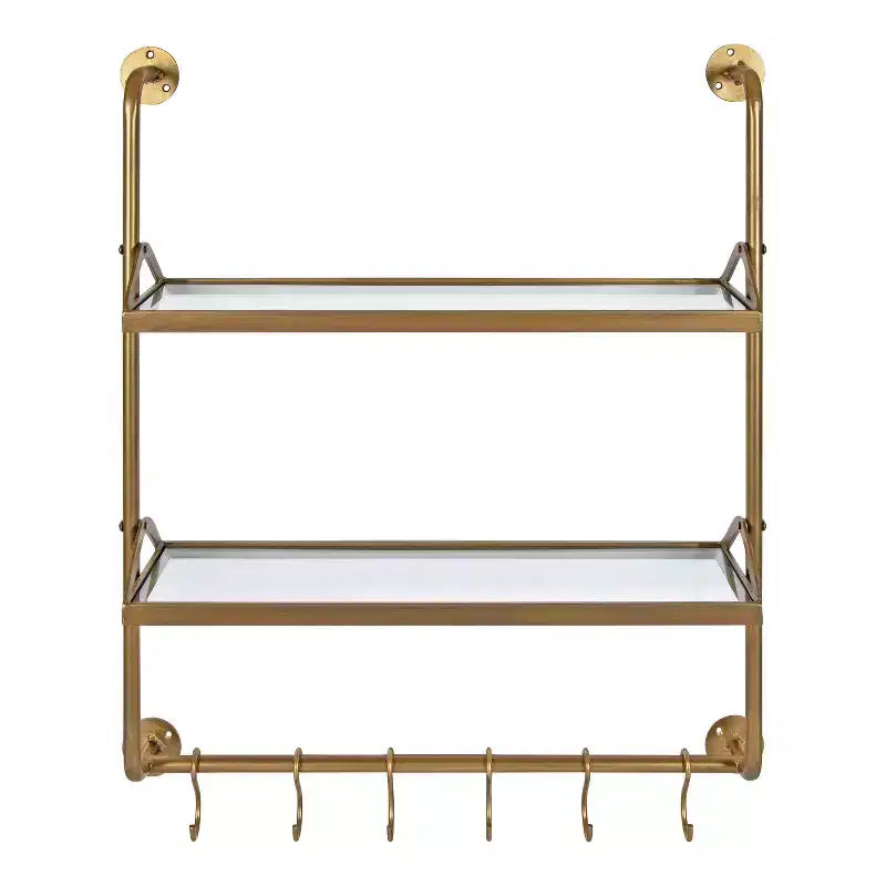 Mensola da parete industriale in metallo a 2 livelli 66x79 cm Oro – Ripiani in vetro e 6 ganci