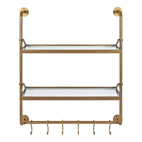 Mensola da parete industriale in metallo a 2 livelli 66x79 cm Oro – Ripiani in vetro e 6 ganci