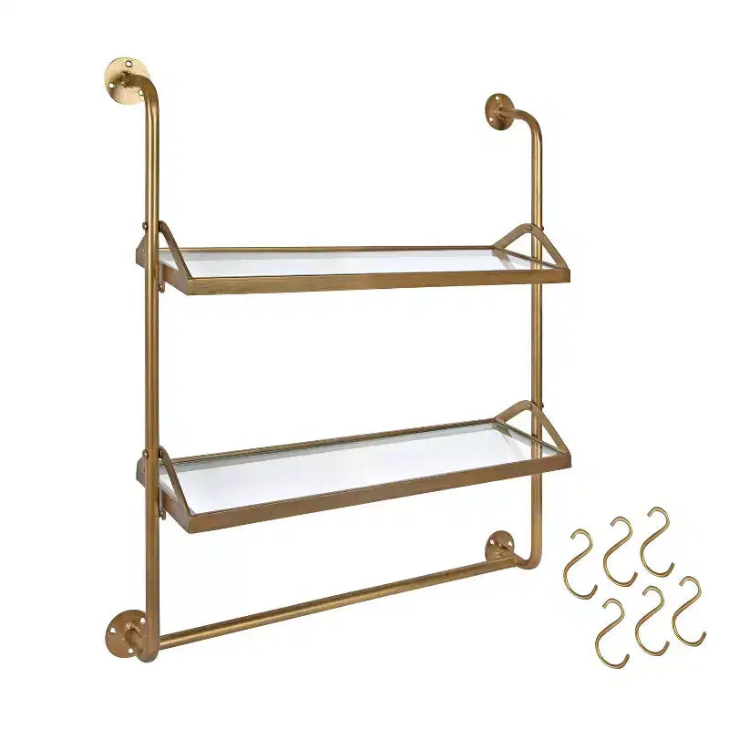 Mensola da parete industriale in metallo a 2 livelli 66x79 cm Oro – Ripiani in vetro e 6 ganci