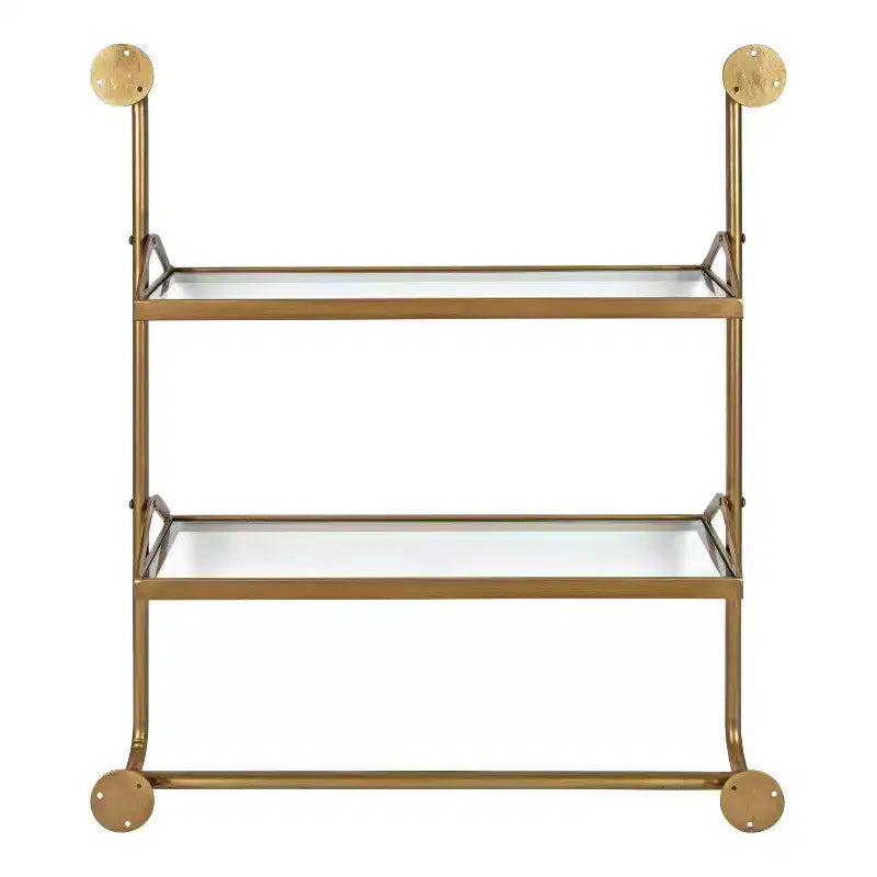 Mensola da parete industriale in metallo a 2 livelli 66x79 cm Oro – Ripiani in vetro e 6 ganci
