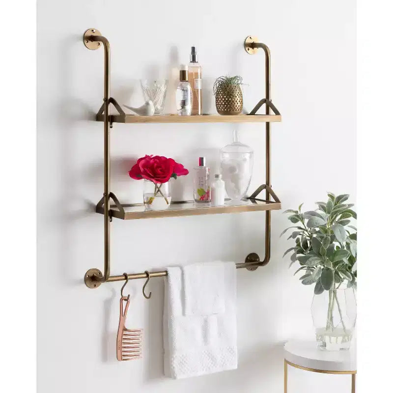 Mensola da parete industriale in metallo a 2 livelli 66x79 cm Oro – Ripiani in vetro e 6 ganci