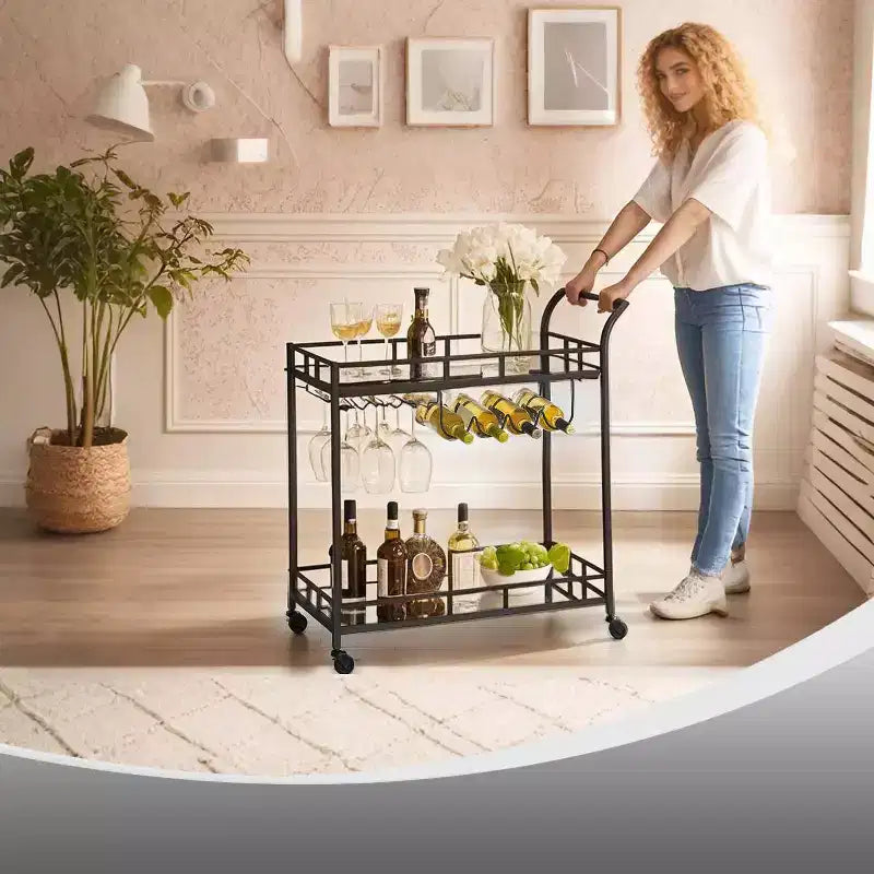 Carrello Bar con 2 Ripiani a Specchio, Porta Bottiglie e Porta Bicchieri – Acciaio