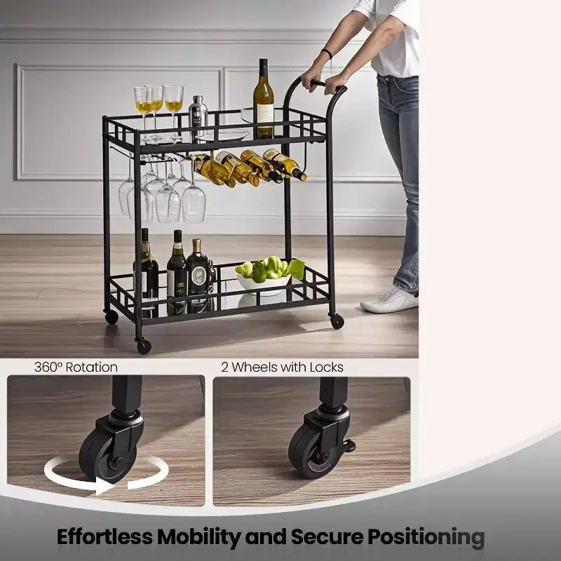 Carrello Bar con 2 Ripiani a Specchio, Porta Bottiglie e Porta Bicchieri – Acciaio