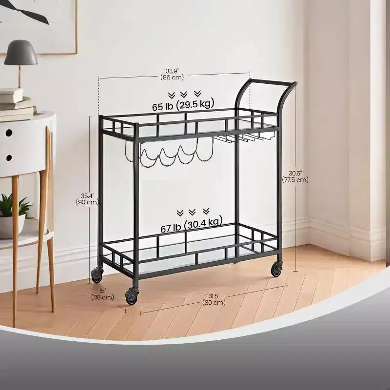 Carrello Bar con 2 Ripiani a Specchio, Porta Bottiglie e Porta Bicchieri – Acciaio
