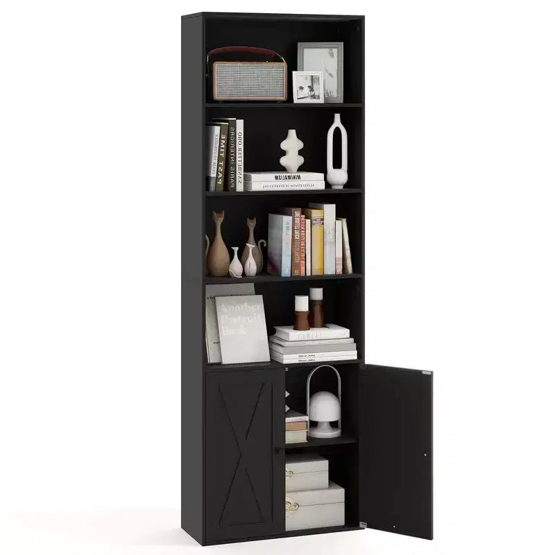 Libreria da fattoria da 180 cm con ante – 6 ripiani, mobile a 2 ante, bianco e nero