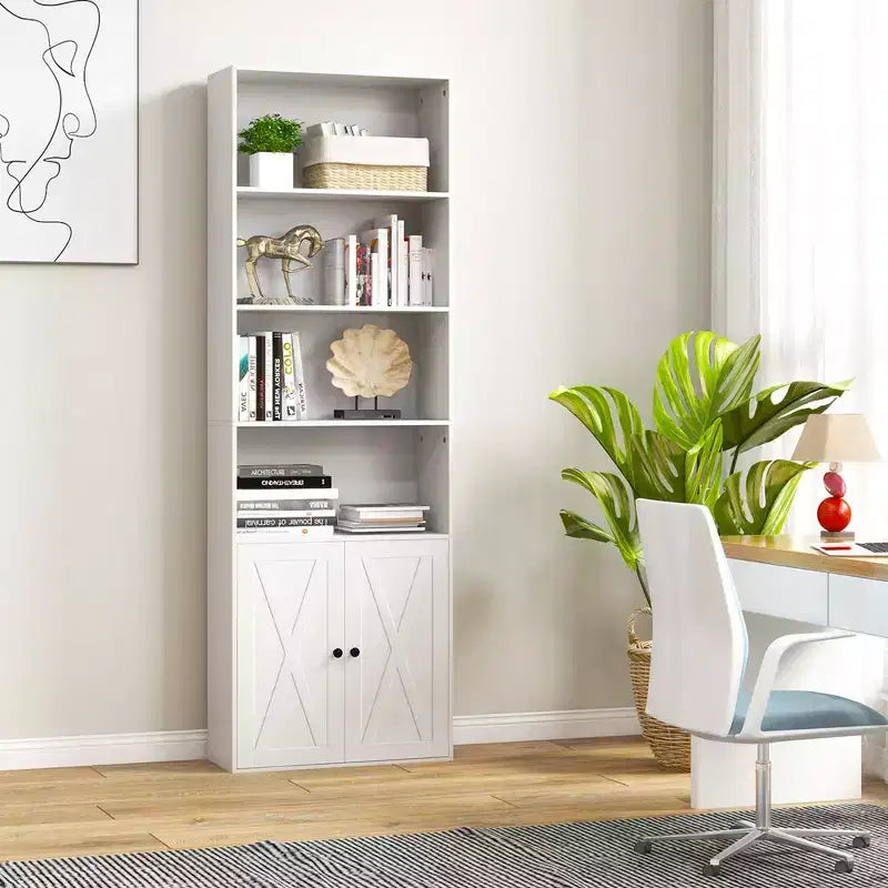 Libreria da fattoria da 180 cm con ante – 6 ripiani, mobile a 2 ante, bianco e nero