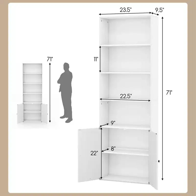 Libreria da fattoria da 180 cm con ante – 6 ripiani, mobile a 2 ante, bianco e nero
