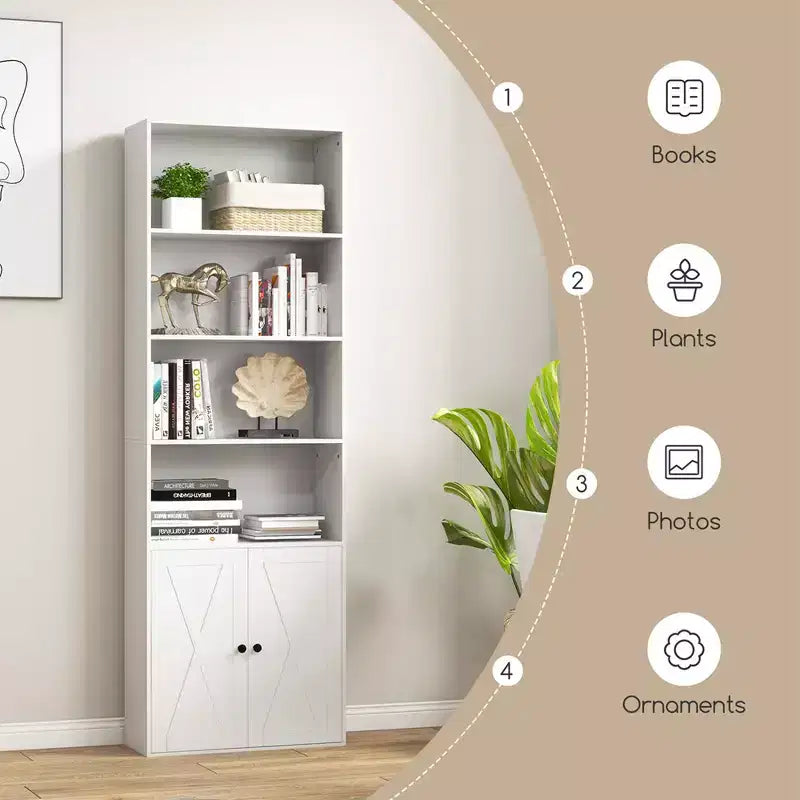 Libreria da fattoria da 180 cm con ante – 6 ripiani, mobile a 2 ante, bianco e nero