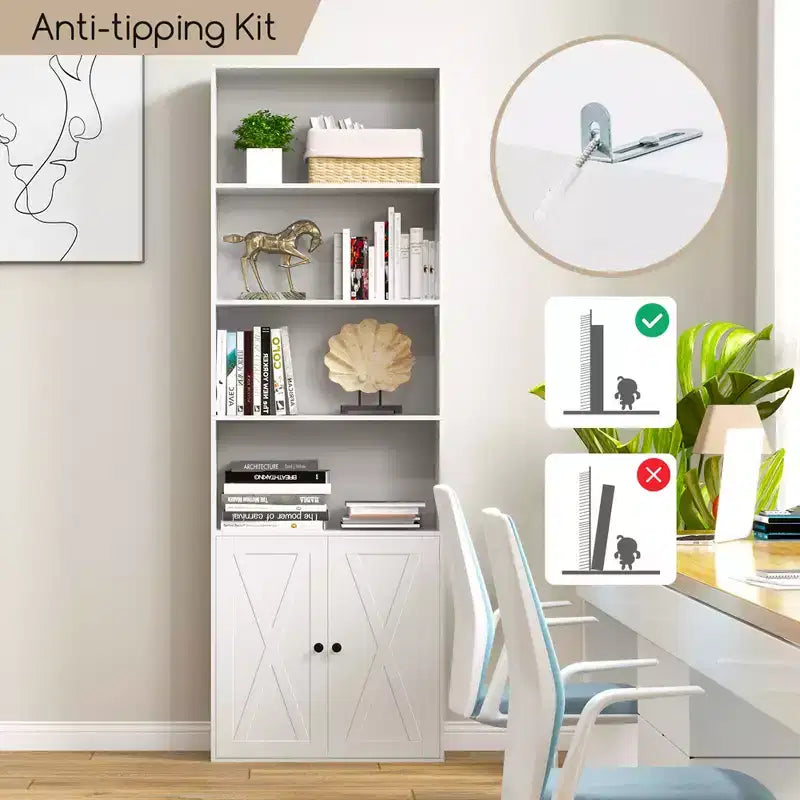 Libreria da fattoria da 180 cm con ante – 6 ripiani, mobile a 2 ante, bianco e nero