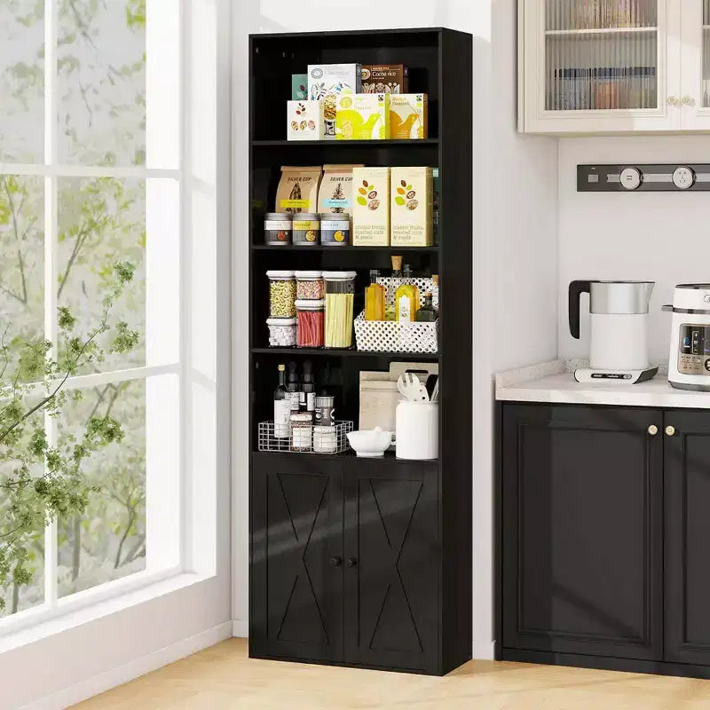 Libreria da fattoria da 180 cm con ante – 6 ripiani, mobile a 2 ante, bianco e nero