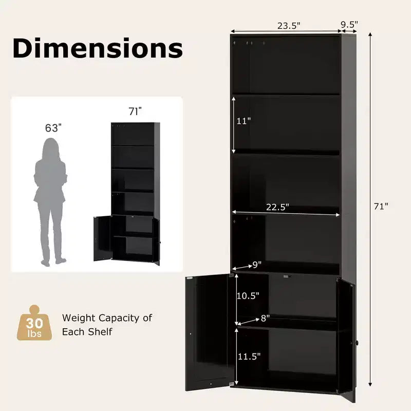 Libreria da fattoria da 180 cm con ante – 6 ripiani, mobile a 2 ante, bianco e nero