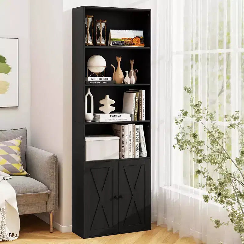 Libreria da fattoria da 180 cm con ante – 6 ripiani, mobile a 2 ante, bianco e nero
