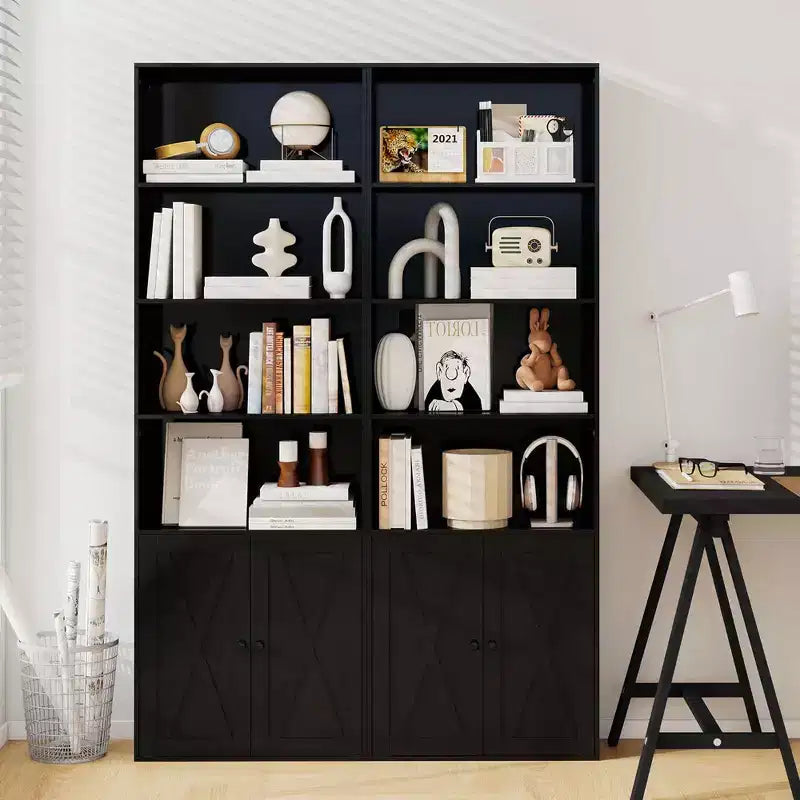 Libreria da fattoria da 180 cm con ante – 6 ripiani, mobile a 2 ante, bianco e nero