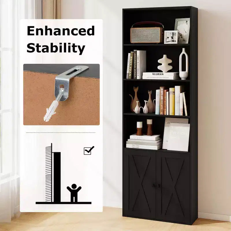 Libreria da fattoria da 180 cm con ante – 6 ripiani, mobile a 2 ante, bianco e nero