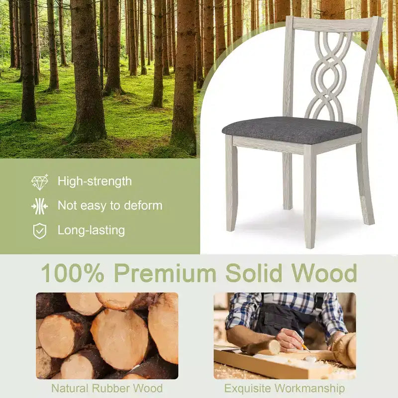 VECELO Sedie da pranzo rustiche in legno, sedie da cucina in legno di gomma con sedile imbottito ed elegante schienale traforato, grigio