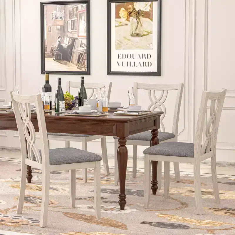 VECELO Sedie da pranzo rustiche in legno, sedie da cucina in legno di gomma con sedile imbottito ed elegante schienale traforato, grigio