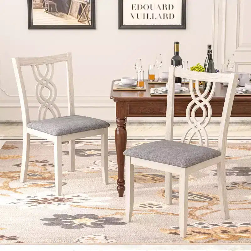 VECELO Sedie da pranzo rustiche in legno, sedie da cucina in legno di gomma con sedile imbottito ed elegante schienale traforato, grigio