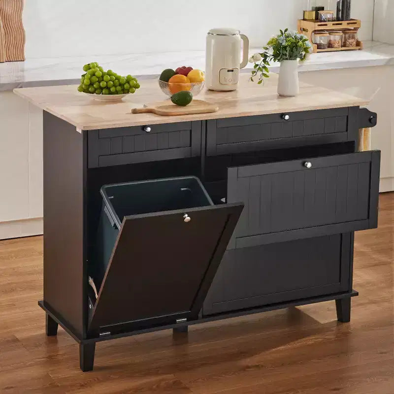 Carrello da cucina VEVOR, isola con piano in legno da 50 pollici, bar per la colazione con pattumiera a ribalta da 10 galloni, tavolo da pranzo per soggiorno in stile rustico