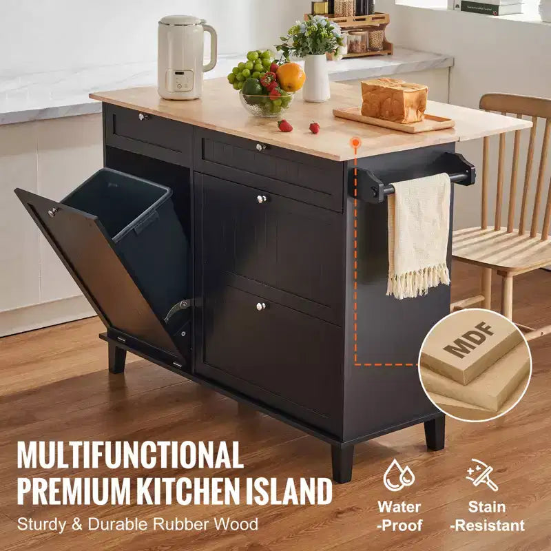Carrello da cucina VEVOR, isola con piano in legno da 50 pollici, bar per la colazione con pattumiera a ribalta da 10 galloni, tavolo da pranzo per soggiorno in stile rustico