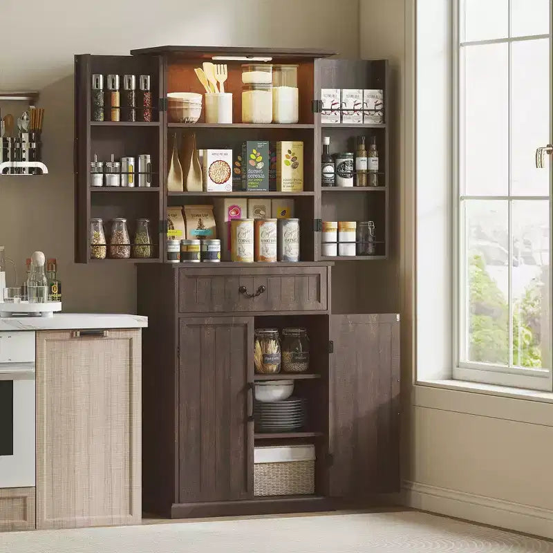 HOMCOM Credenza Cucina 71 LED, Credenza da Fattoria con Ripiani a Scomparti, Ripiani Regolabili e Cassetto, Marrone Invecchiato