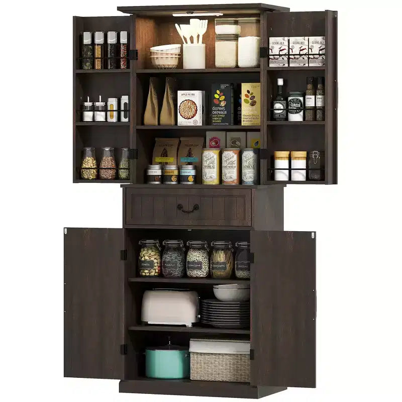 HOMCOM Credenza Cucina 71 LED, Credenza da Fattoria con Ripiani a Scomparti, Ripiani Regolabili e Cassetto, Marrone Invecchiato