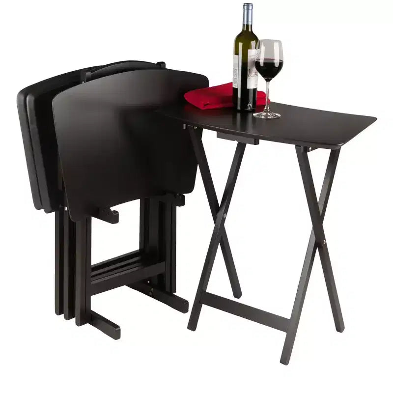 Set di 5 tavolini da snack a forma di ventaglio – Caffè – Legno massello, Vassoi pieghevoli con scaffale portaoggetti