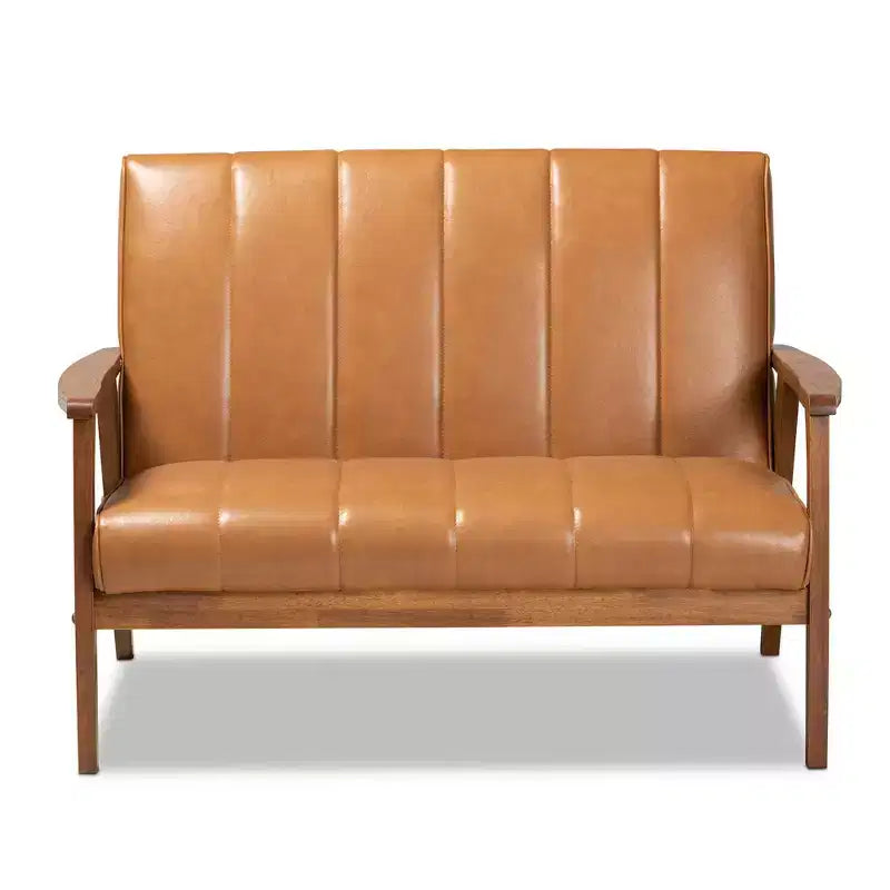 Divanetto Baxton Studio Nikko in legno e similpelle, stile metà secolo, noce/marrone: 2 posti, schienale capitonné, struttura in legno