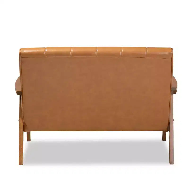 Divanetto Baxton Studio Nikko in legno e similpelle, stile metà secolo, noce/marrone: 2 posti, schienale capitonné, struttura in legno