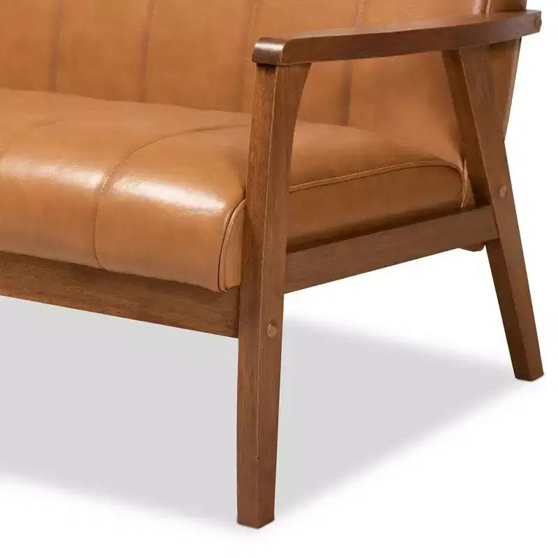 Divanetto Baxton Studio Nikko in legno e similpelle, stile metà secolo, noce/marrone: 2 posti, schienale capitonné, struttura in legno