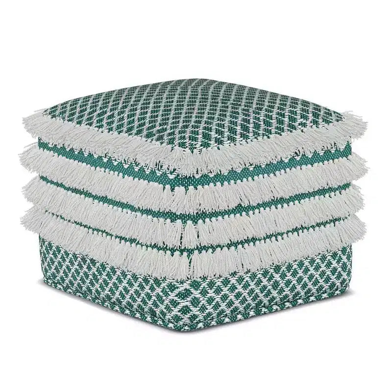 Pouf Ari Quadrato Intrecciato in PET Poliestere – Turchese/Bianco, Ottomana per Soggiorno Bohemien