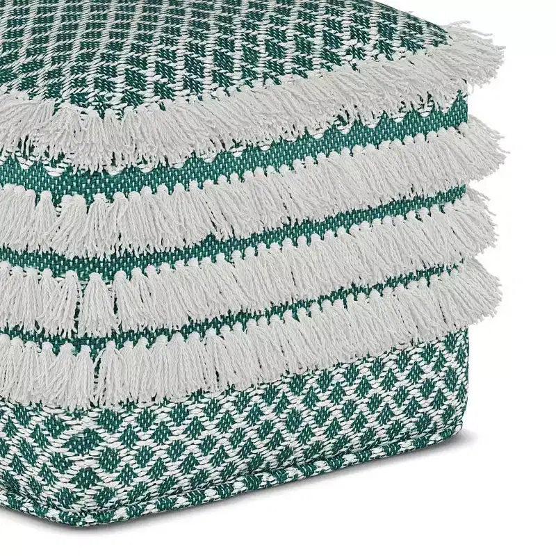 Pouf Ari Quadrato Intrecciato in PET Poliestere – Turchese/Bianco, Ottomana per Soggiorno Bohemien