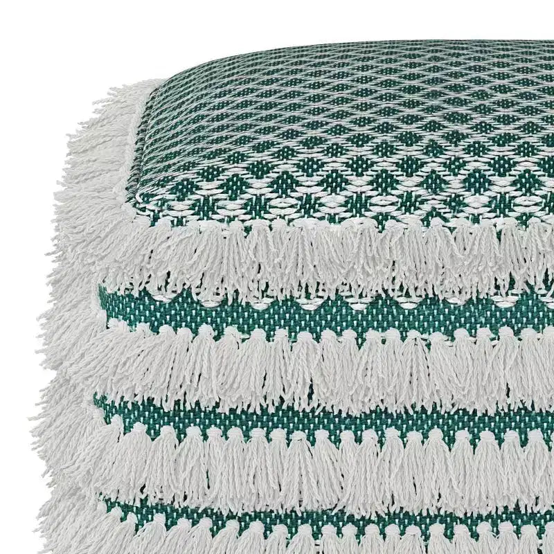 Pouf Ari Quadrato Intrecciato in PET Poliestere – Turchese/Bianco, Ottomana per Soggiorno Bohemien