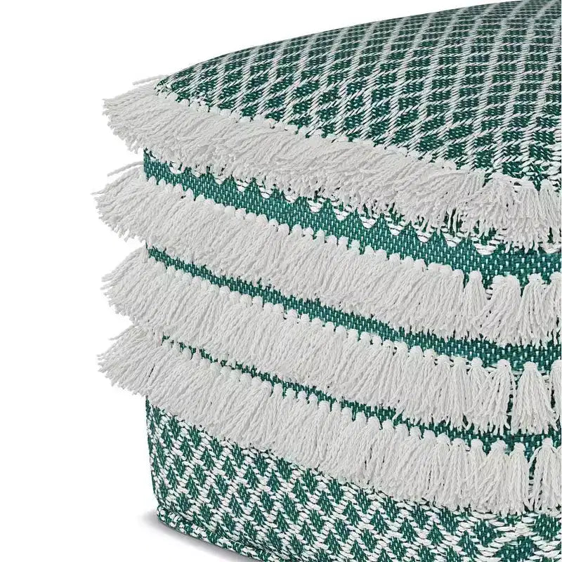 Pouf Ari Quadrato Intrecciato in PET Poliestere – Turchese/Bianco, Ottomana per Soggiorno Bohemien