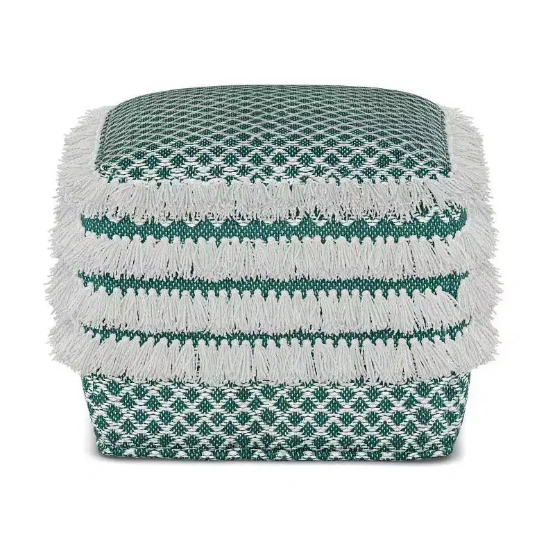 Pouf Ari Quadrato Intrecciato in PET Poliestere – Turchese/Bianco, Ottomana per Soggiorno Bohemien