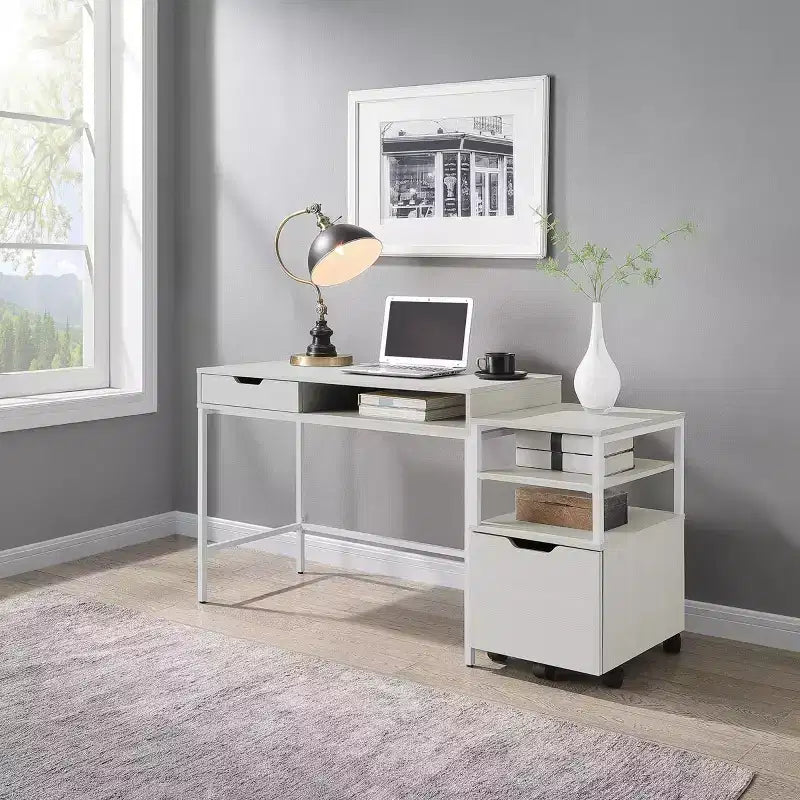 Scrivania da ufficio a casa da 40" con cassetto e ripiano – Rovere bianco, Struttura in acciaio, Superficie in MDF