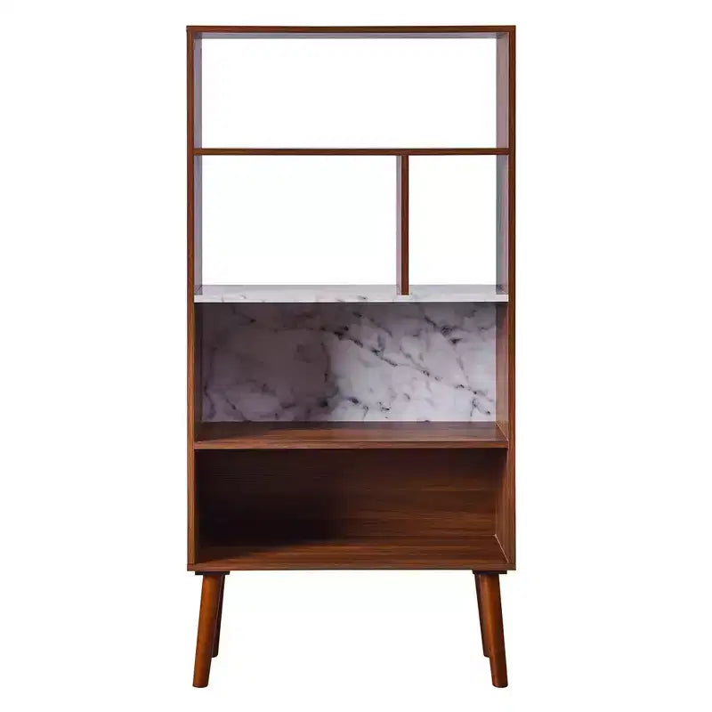 Libreria aperta Mid-Century da 58" con ripiano effetto marmo e gambe in noce – 4 ripiani