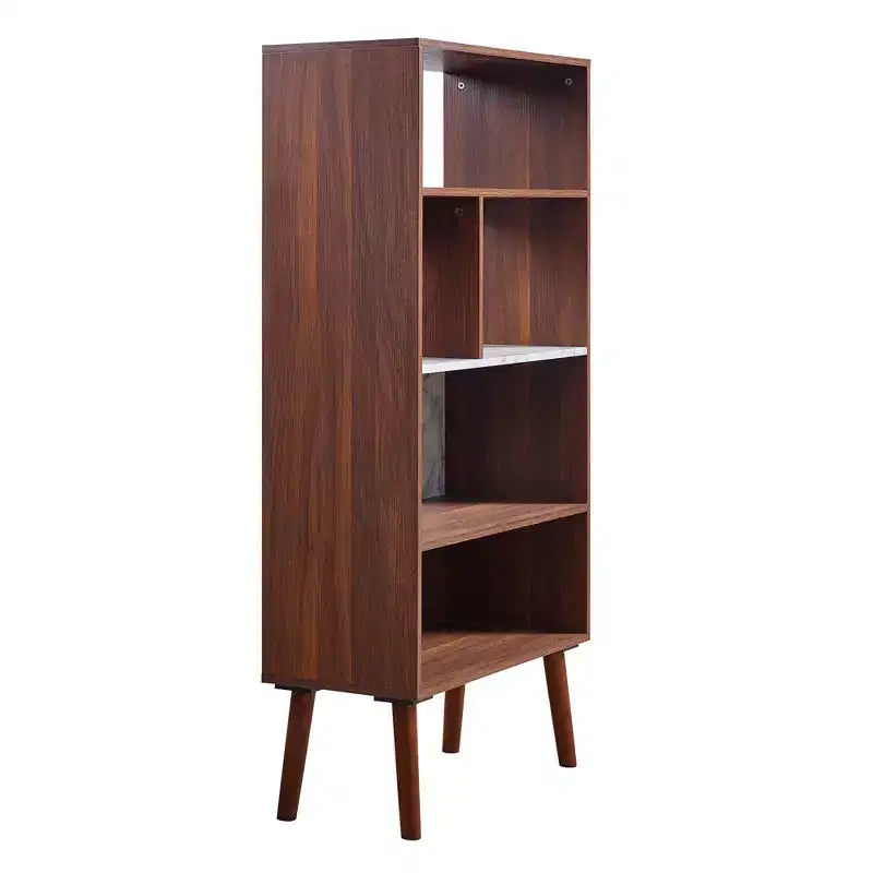 Libreria aperta Mid-Century da 58" con ripiano effetto marmo e gambe in noce – 4 ripiani