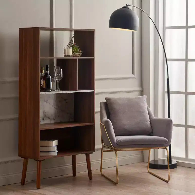 Libreria aperta Mid-Century da 58" con ripiano effetto marmo e gambe in noce – 4 ripiani