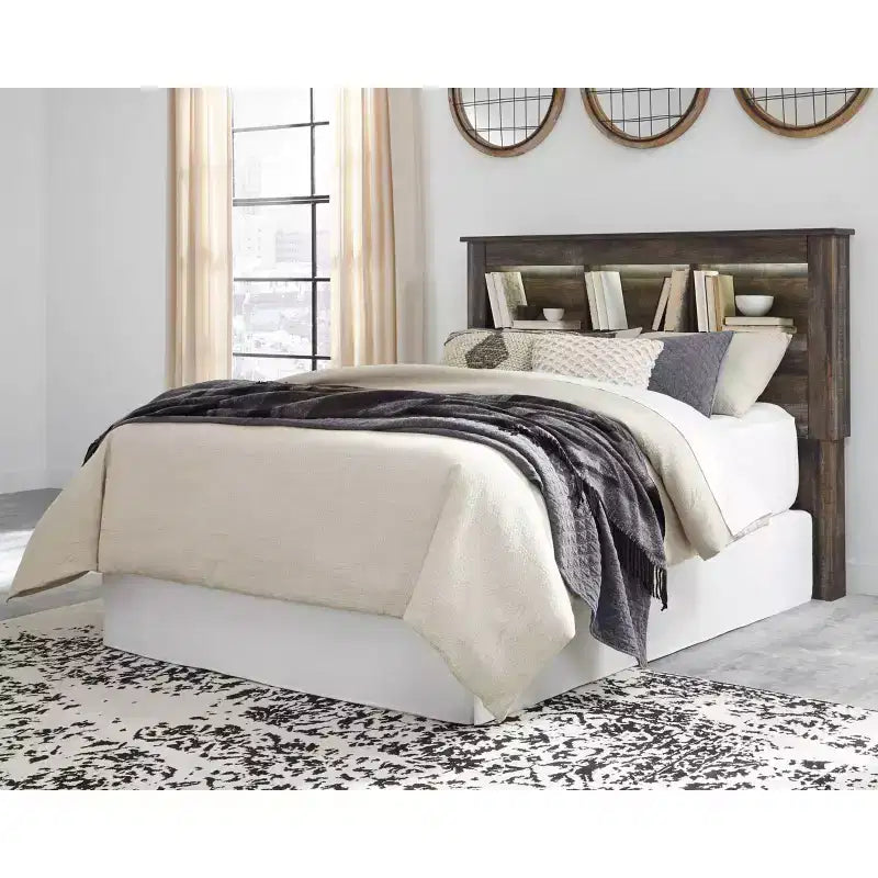 Testata letto Queen/Full con libreria e illuminazione a LED – Finitura rustica, 3 vani aperti