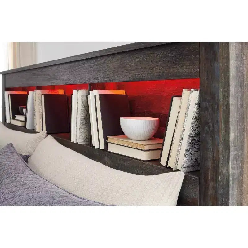 Testata letto Queen/Full con libreria e illuminazione a LED – Finitura rustica, 3 vani aperti