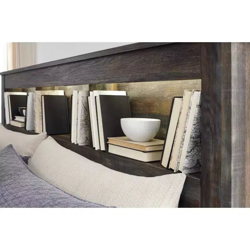 Testata letto Queen/Full con libreria e illuminazione a LED – Finitura rustica, 3 vani aperti