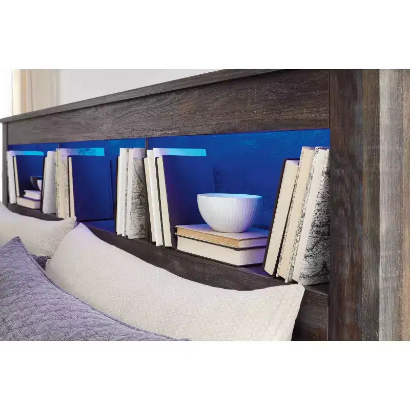 Testata letto Queen/Full con libreria e illuminazione a LED – Finitura rustica, 3 vani aperti