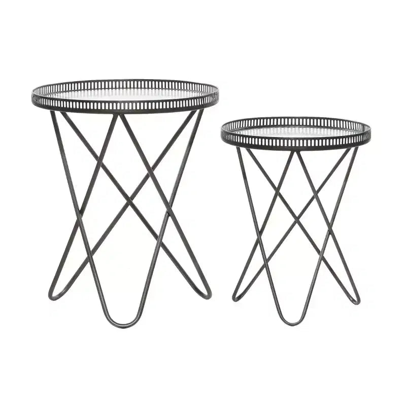 Set di 2 tavolini rotondi industriali in metallo grigio – Piano in vetro temperato