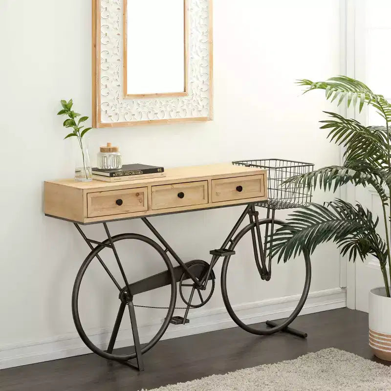 Tavolo Consolle in Metallo Stile Rustico Rosso – Struttura in Ferro, Piano in MDF, Nessun Montaggio Richiesto