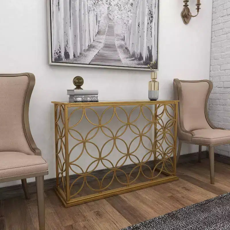 Olivia & May Tavolo Console Rettangolare Tradizionale Moderno in Metallo Oro: Ingresso Elegante, Entrata, Design Stretto