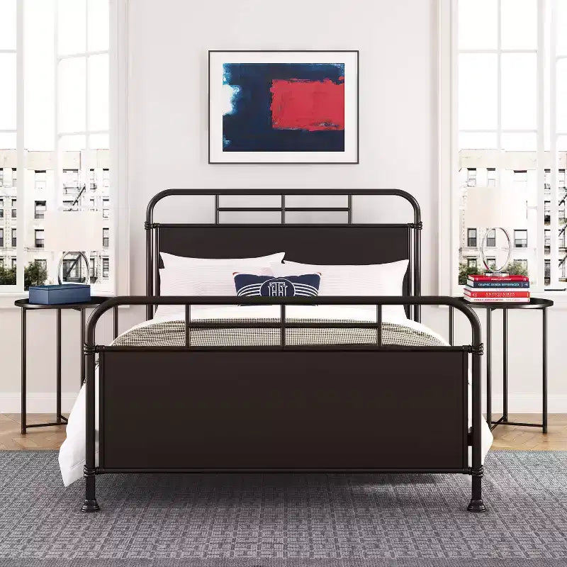 Telaio letto industriale in metallo con testiera curva – Nero opaco, base a doghe in legno inclusa