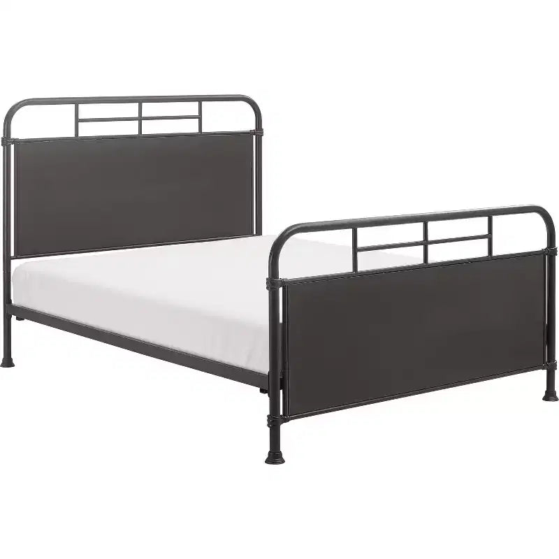Telaio letto industriale in metallo con testiera curva – Nero opaco, base a doghe in legno inclusa