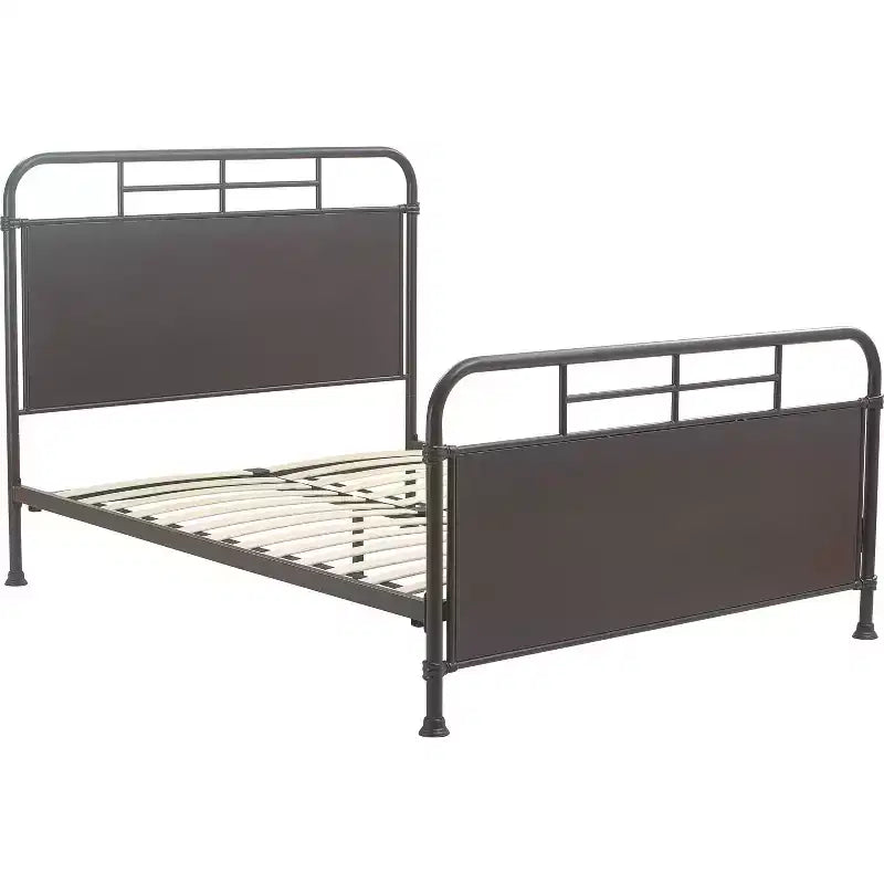 Telaio letto industriale in metallo con testiera curva – Nero opaco, base a doghe in legno inclusa