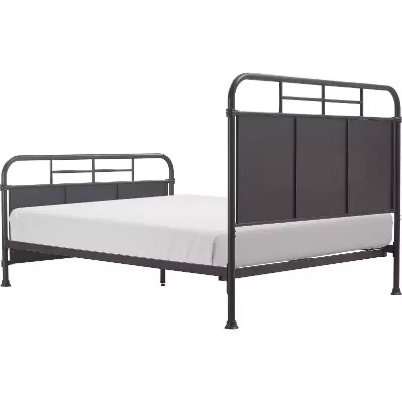 Telaio letto industriale in metallo con testiera curva – Nero opaco, base a doghe in legno inclusa