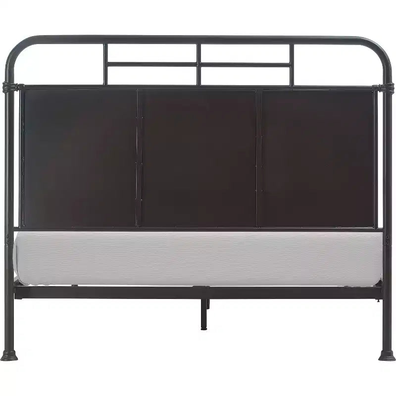 Telaio letto industriale in metallo con testiera curva – Nero opaco, base a doghe in legno inclusa